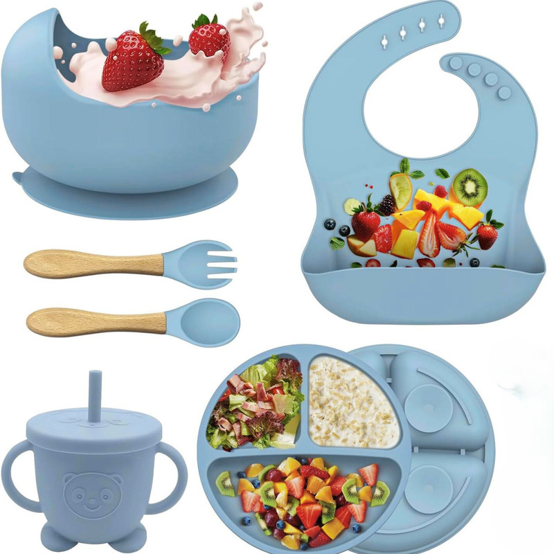 NIVKEZ Silicone Feeding Set for Toddlers 6PCS | BPA-Free Dishware |Easy Clean Baby Meal  - Silicone(Sky Blue)