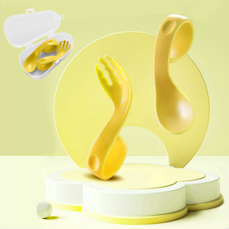 BABYMOON Learn to Eat Baby Self Feeding Set, Spoon and Fork along with Storage Box - Silicone(Yellow)