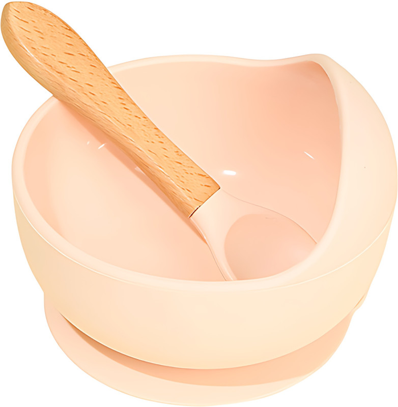 YOMITH Baby Bowl With Wooden handle spoon Flexible suction base Kids Training Feeding  - Food-Grade Silicone(Pink)