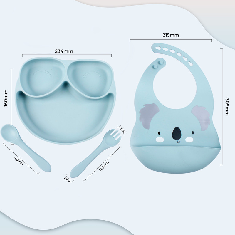 happyships Baby Feeding Set, Bowl, Bib, Cup, Plate, Spoon & Fork, BPA-Free, Easy Clean  - Silicone(Blue)