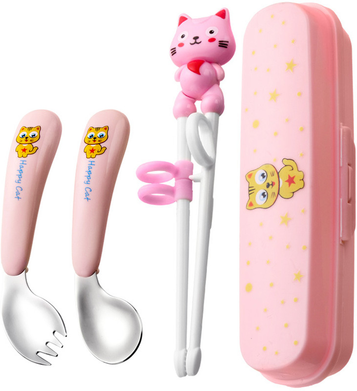 HASTHIP Training Chopstick for Kids Stainless Steel Fork and Spoon Set Toddler Tableware  - Food Grade Plastic(Pink)