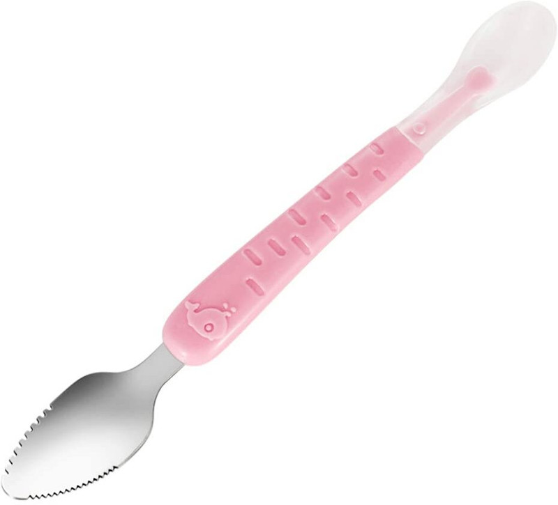 HASTHIP Fruit Spoon with Scraper for Baby Feeding, 2 in 1 Multifunction Serrated - Silicone(Pink)