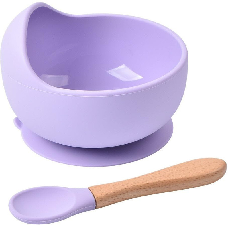 VEDANJAL Silicone Suction Bowl with Wooden Spoon Set for Baby  - silicone(Purple)