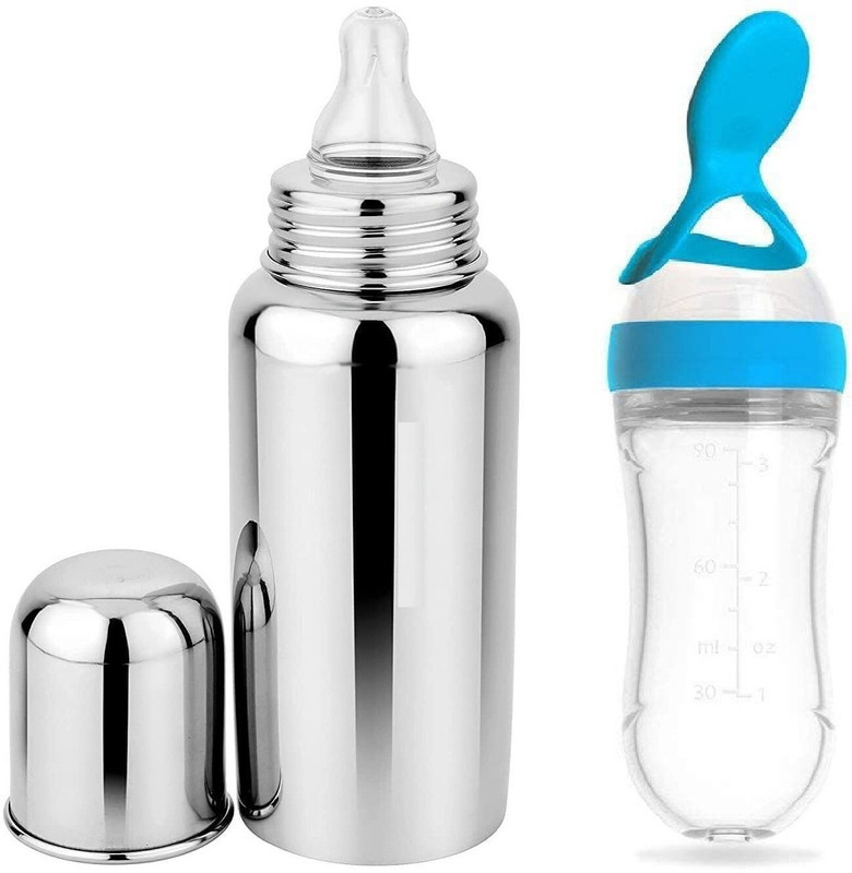 Drisona' Steel Bottle for Milk Feeding & Pink Spoon Bottle for Food Feeder 304 Grade - Silicon, Steel(Blue, Silver)