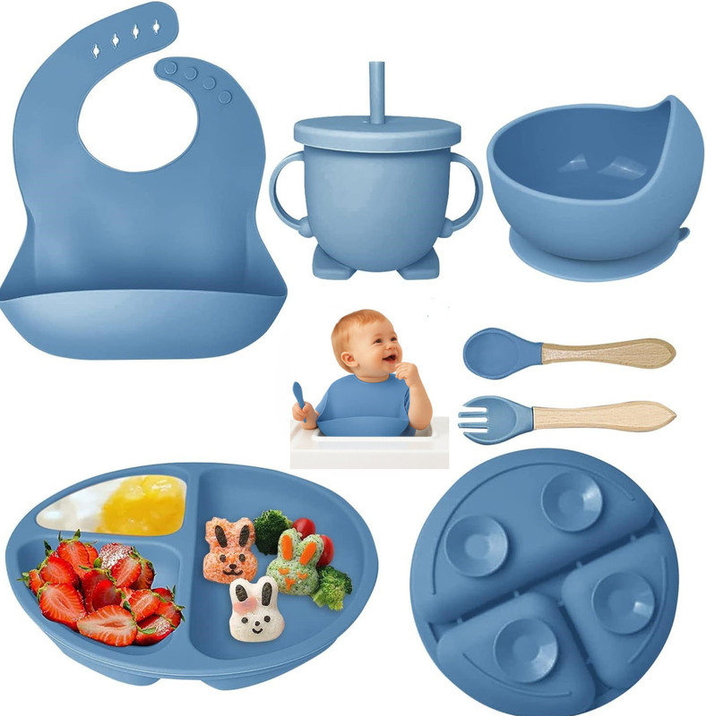 SAMVAT 6 pcs Silicone Baby Feeding Set– Suction Bowl & Plate,Bib,Spoon, Fork, Sippy Cup  - BPA Free -Silicone(Blue)