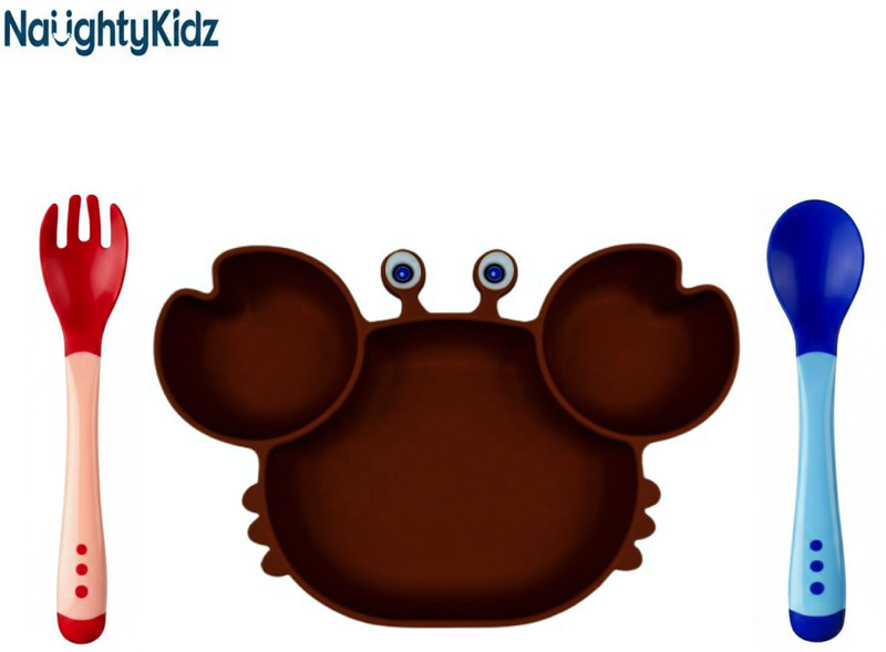 naughty kidz Combo of Baby Feeding Plate With Baby Feeding Spoon & Fork For Kids, BPA Free  - Durable ,PP, Silicone(Brown, Red, Blue)