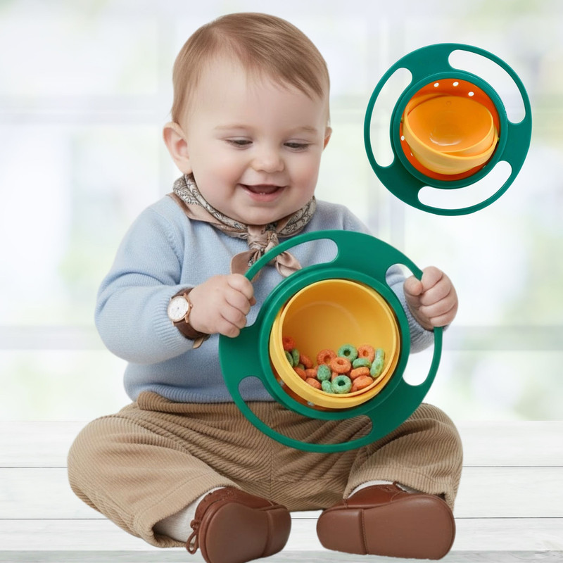 TruVeli Kids Feeding Bowl with Gyro Technology – 360° Anti-Spill Design - Food Grade Plastic(Orange, Green, White)