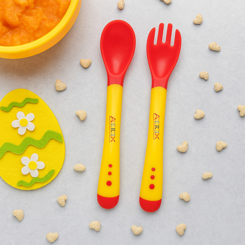 AEREX Heat Sensitive Baby Feeding Spoon & Fork Set | Temperature Sensing Spoon - Plastic(Yellow)