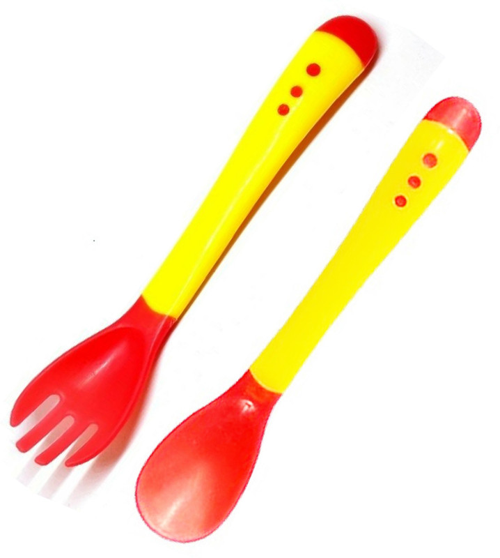 Mopslik Baby Temperature Sensing Silicone Tip Spoon Fork - Pack Of 2 Yellow  - Plastic(Yellow)