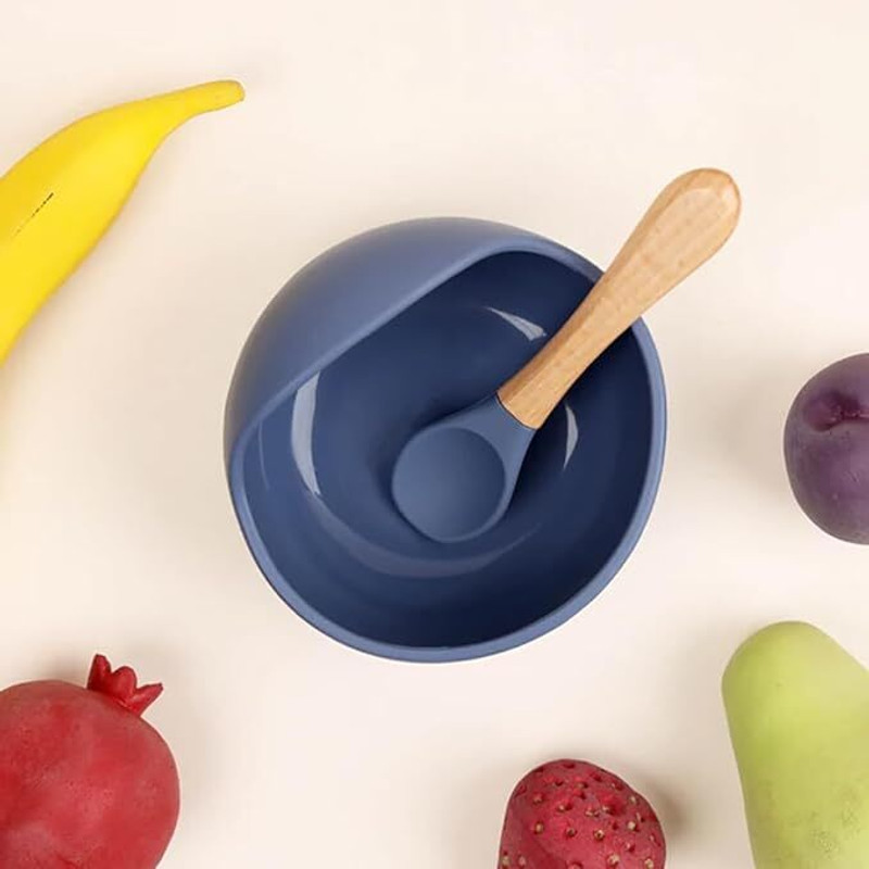 Vortipu pack of 1 Baby Bowls Dinner Bowl and Wooden Handle Spoon for Eating - silicone(Dark Blue)