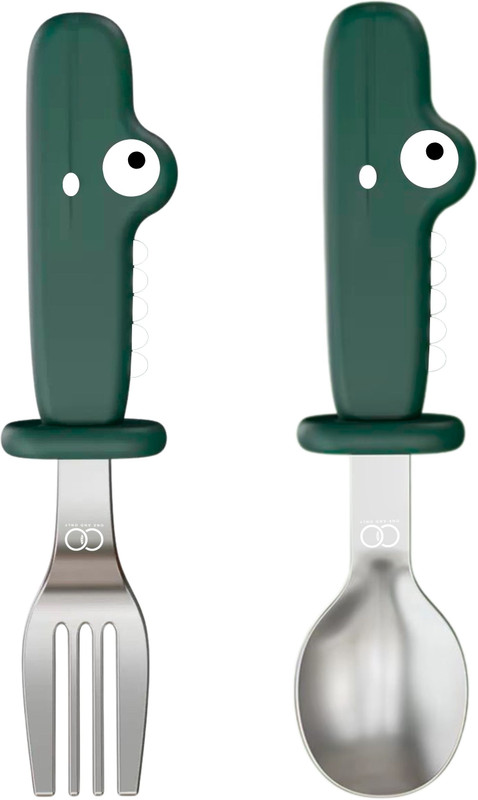 ONE AND ONLY Baby Cute Crocodile Design Steel Spoon Fork Set, Cartoon Feeding Spoon for Kids  - 304 Stainless Steel, BPA-Free Silicone(Green)
