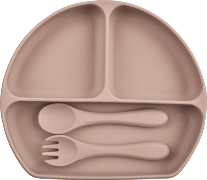 SAEKOS Silicone Baby Tableware Set, Baby Food Plate with Spoon, Fork  - Silicon(Brown)