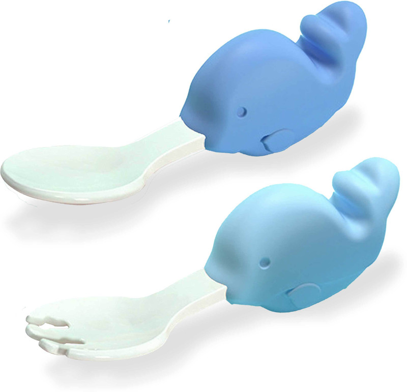 Bembika Baby Training Spoon Whale Shape Spoon, Baby Spoon and Fork Set - (Blue).  - Plastic And Rubber Handle(Blue)