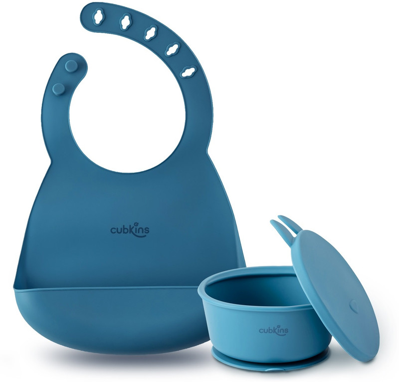 Cubkins Silicone Suction Bowl with Adjustable Bib for Feeding Babies | BPA Free  - 100% Food Grade Silicone(Blue Olive)