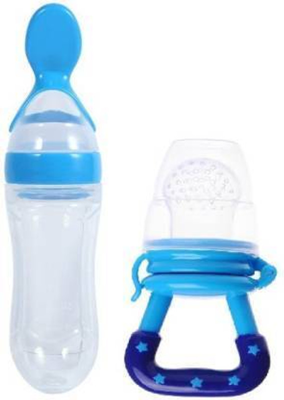 Kidsy Zilla Baby Food Feeder Bottle With Spoon And Silicone Fruit Nibler With Free Bibs 2pcs  - Silicon, BPA Free(Blue)