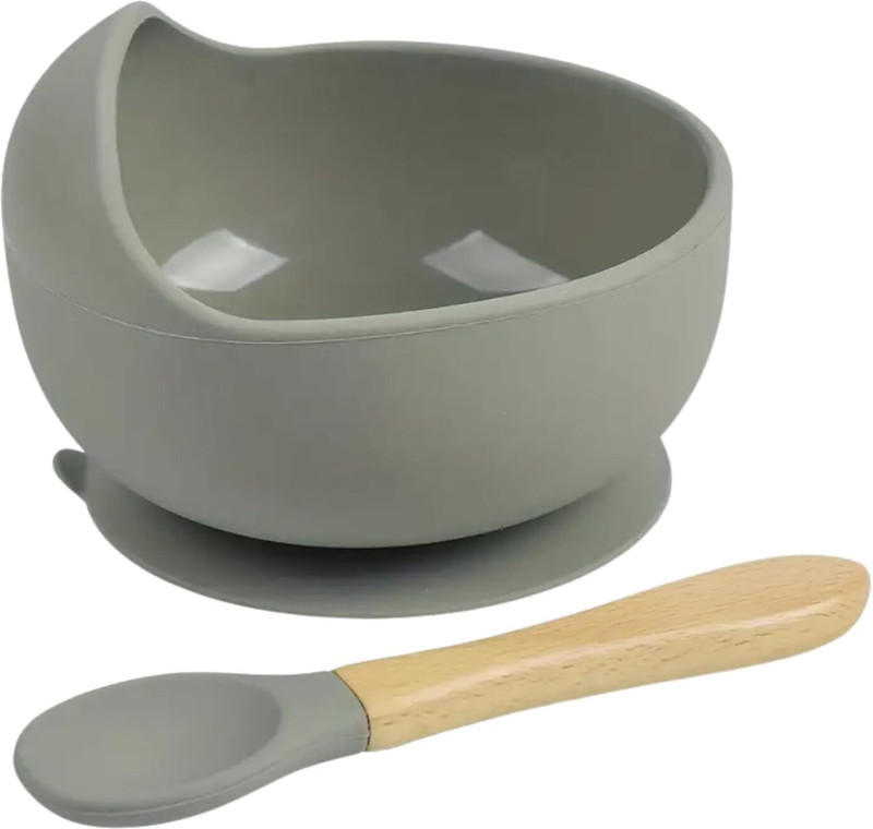 Niloni Silicon Suction Bowl Wooden Handle Spoon  - Silicone(Grey)