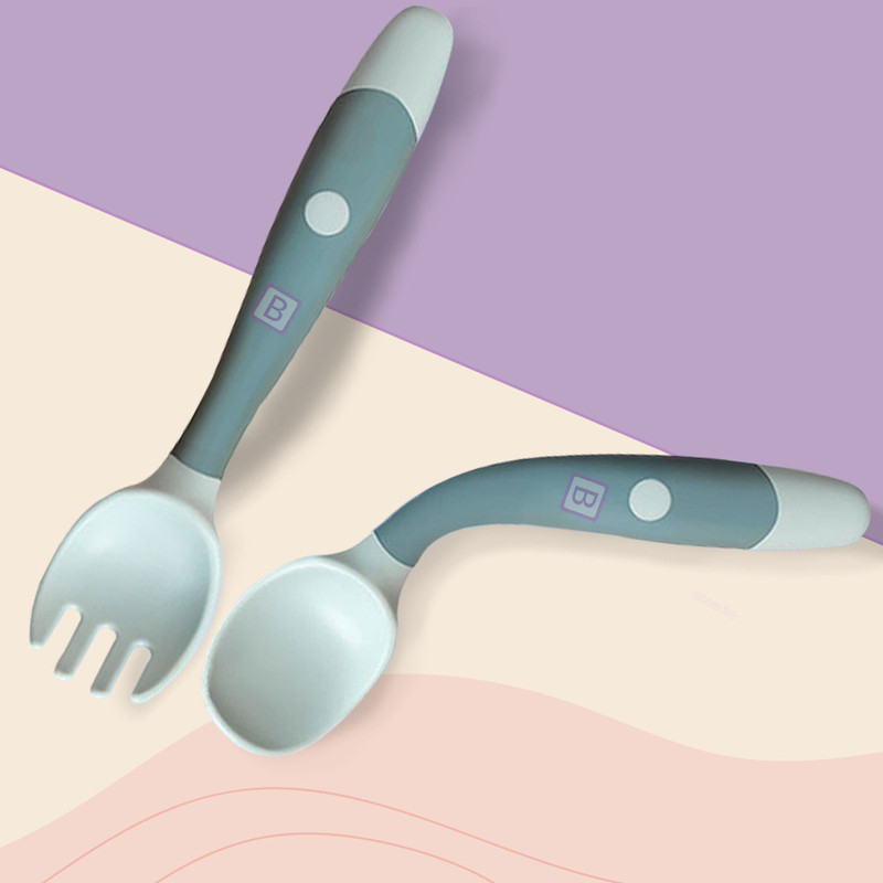 Bembika Baby Silicone Training Spoon Twist Spoon, Baby Spoon and Fork Set (Blue Color).  - Silicone(Blue)