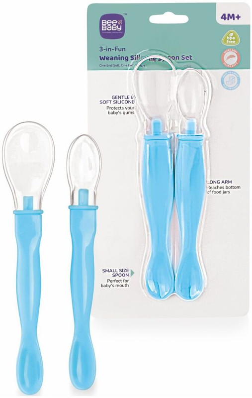 Beebaby 3 in 1 Weaning Silicone Spoon Set with Dual End Spoon for Feeding Newborns/Baby  - Handle- Plastic Polypropylene, Spoon Tip - Liquid Silicone Rubber 100% BPA FREE(Blue)