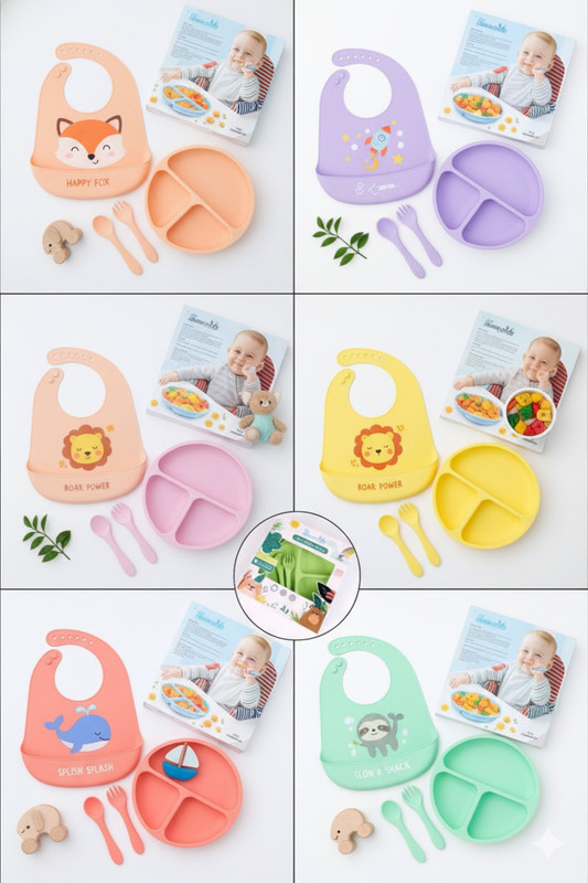 YGoyalAndCO 4-Piece Silicone Baby Feeding Set – Plate, Bib, Spoon & Fork  - Silicon (Food Grade 100% BPA free)(Multicolor)