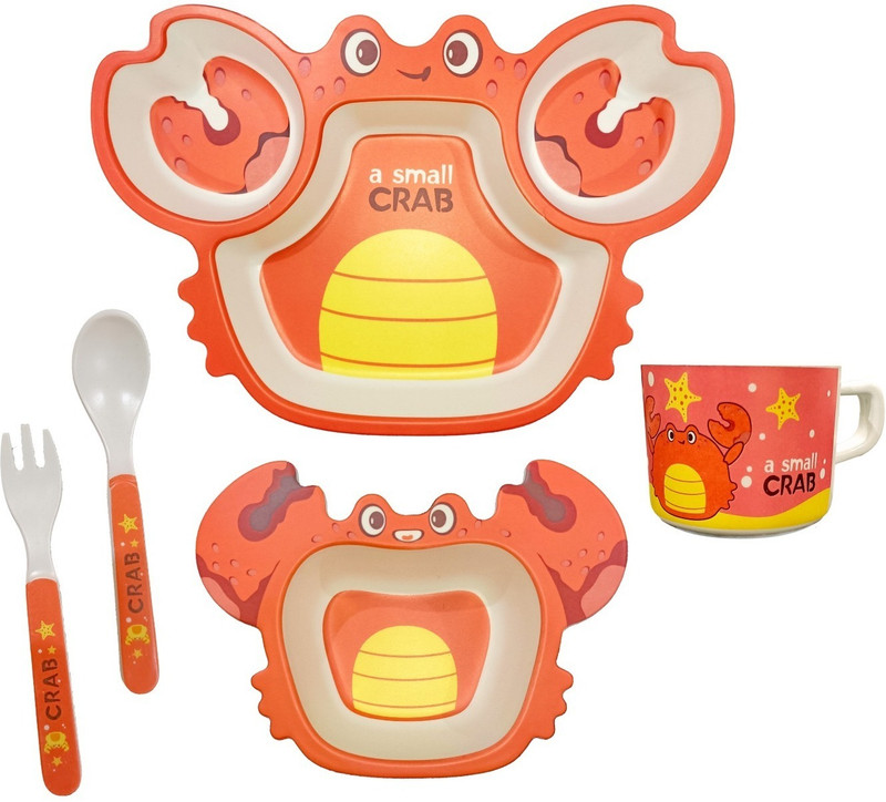 Deepashri Baby Feeding Crab Theme Dinner Set for Kids (Plate, Bowl, Cup, Spoon & Fork)  - 100% Safe Bamboo Fiber(Orange)