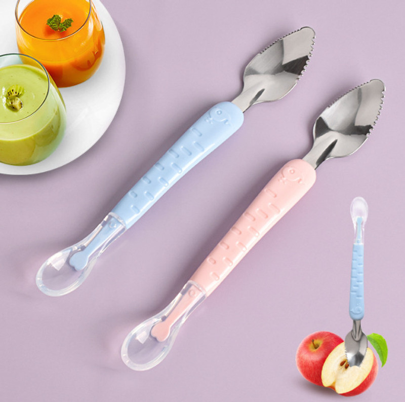 Saraswati kart Multi-Use Double Head Fruit Scraping & Soft Tip Feeding Spoon for Toddlers  - Silicone, Stainless Steel(Pink, Blue)