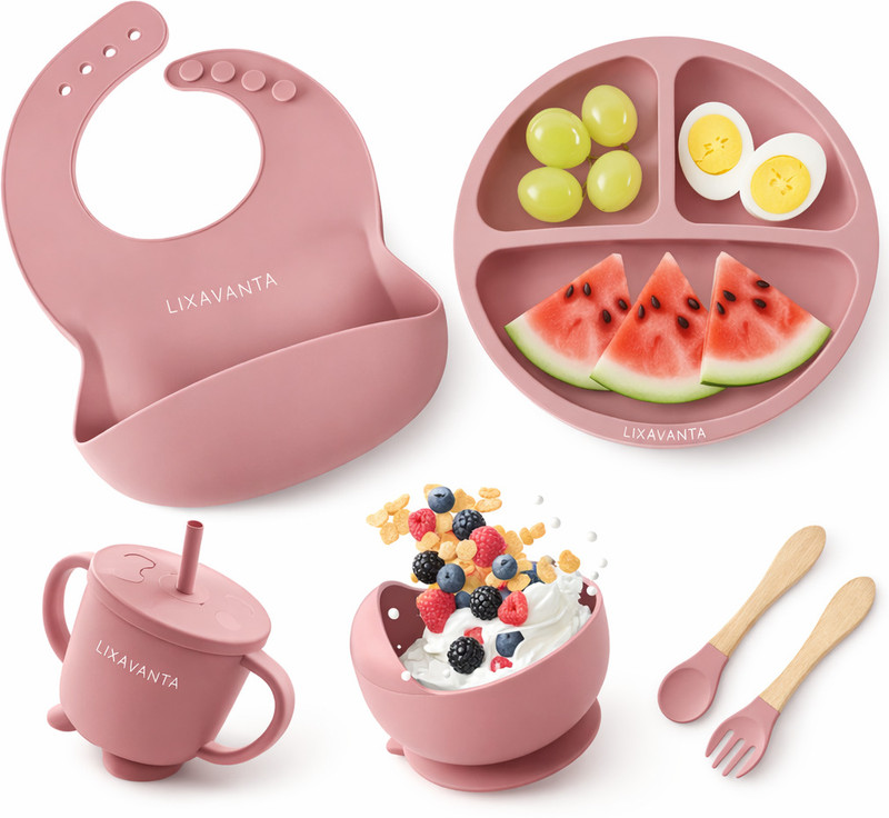 LIXAVANTA Silicone Baby Set for 6+ Months | Toddler Tableware Sets | BPA Free  - 100% Food-Grade Silicone, Non-Toxic & Baby-Safe Material(Pink)