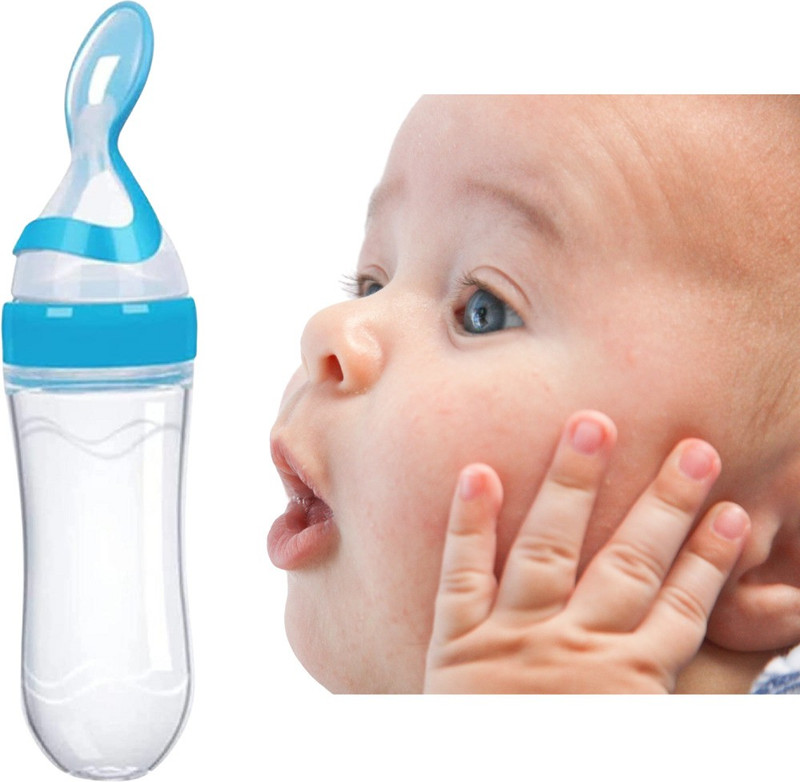 Olsic Silicone Baby Food Feeding Bottle with Spoon - 90 ml(Blue)