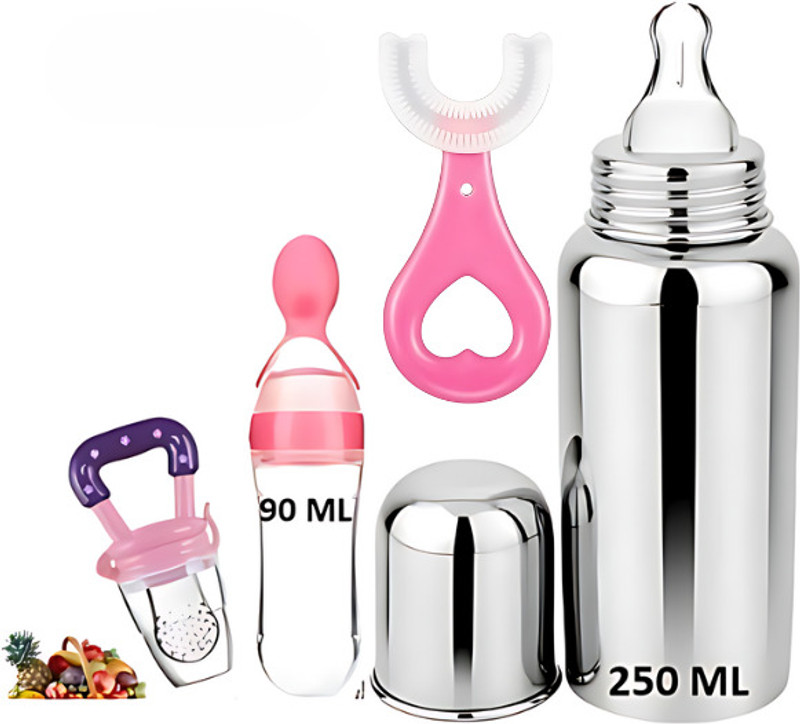 ASTRA Baby Milk Feeding 240ML Feeding Spoon 90ML Fruit Feeder U-Shape Brush (Pack-4) - Stainless steel, Silicone(Pink)