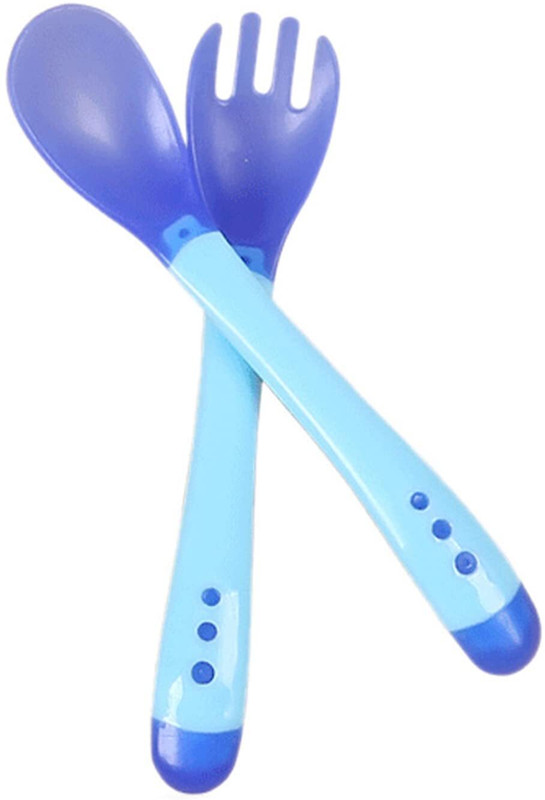 NANNY PENNY 2PCS Infant Baby Fork and Spoon Set Baby Feeding Learning Temperature Sensing - Silicone(Blue)