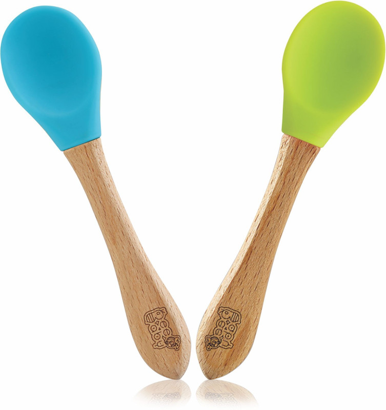Beebaby Nurture Bambu Silicone Baby Feeding Spoons. 100% BPA Free Weaning Spoons.  - Wooden Handle, Silicone Tip(Blue_Green)