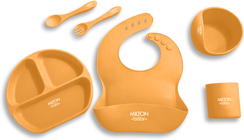 Milton Baby Silicone Feeding Set of 6 | Suction Bowl, Tumbler, Bib & Spoon | Orange  - Silicone(Orange)