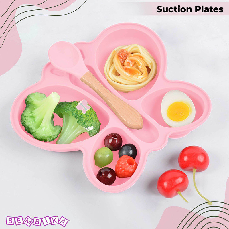 Bembika Baby Dinner Set Silicone Tableware Eating Utensils Butterfly - Baby Pink  - Silicone(Baby Pink)