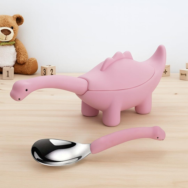 ONE AND ONLY Self-Feeding Spoon for Baby & Kids, Cute Dino Steel Spoon for Toddlers, Silicone - 304 stainless steel, BPA-free silicone(Pink)