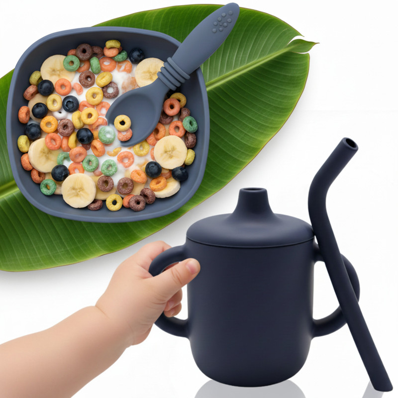 BABYKINS Suction Bowl, Sippy Cup & Colour Changing Spoon for Babies & Toddlers  - Silicone(Blue)