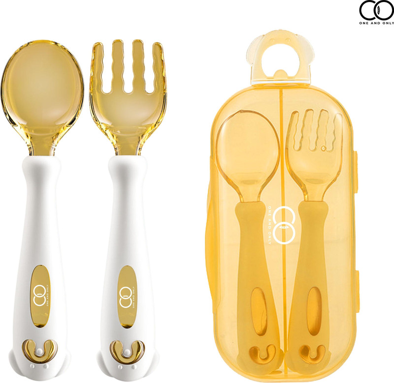 ONE AND ONLY Baby Silicone Spoon Fork Set with Case, Bendable 360 Self Feeding Training Spoon - 304 Stainless Steel, BPA-Free Silicone(White)