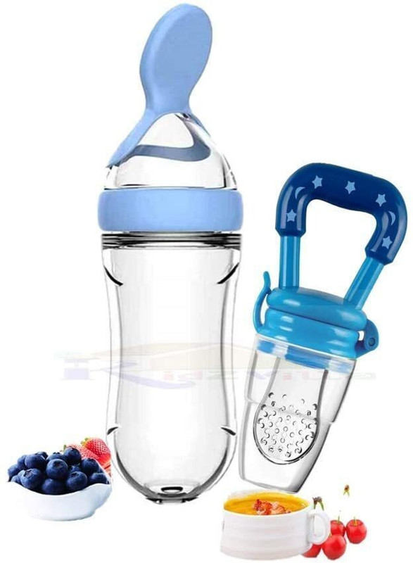 Kidsify 90ML Newborn Baby Feeding Bottle Toddler Silicone Squeeze Feeding Spoon Milk Cereal Training Feeder and Fruit feeder(Set of 2)  - Silicone(Blue)