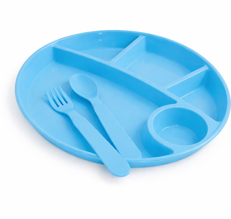 Funbrella Kids Divided Dinner Plate with Spoon & Fork | BPA Free Plastic Feeding Plate |  - Plastic(Blue)
