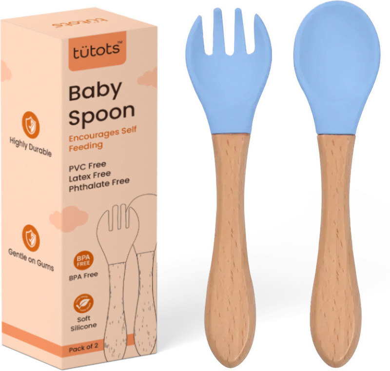 tutots Premium Silicone Wood Spoon & Fork Set BPA Free PVC Free  - Silicone, Wood(Blue)