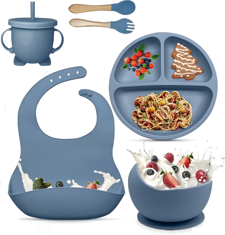 TRIVYOM 6Pcs Baby Tableware Set | Non-Slip Suction Plate, Soft Bib, Cup & Utensils  - Silicone(Blue)