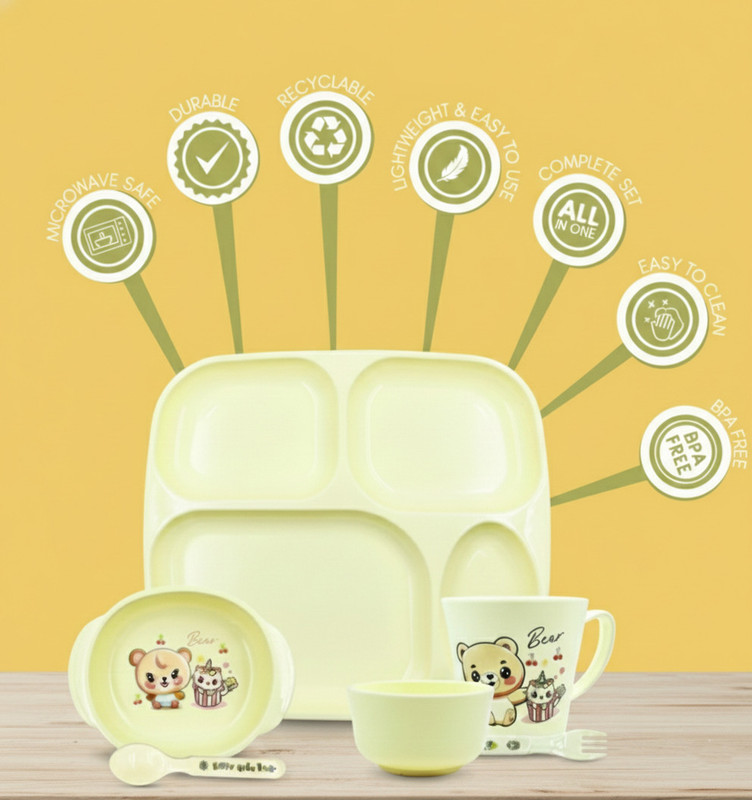 Plast boy Baby Feeding Set with Suction Bowl, Partition Plate, Spoon & Fork  - Plastic(Yellow)