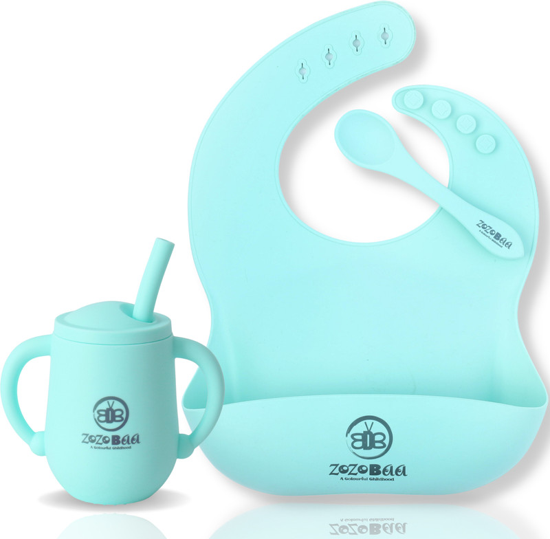 Zozobaa Silicone Baby Sippy Straw Cup, Feeding Baby Bibs & Spoon for Training Toddlers  - 100 % Food Grade Silicone(Mint Green)