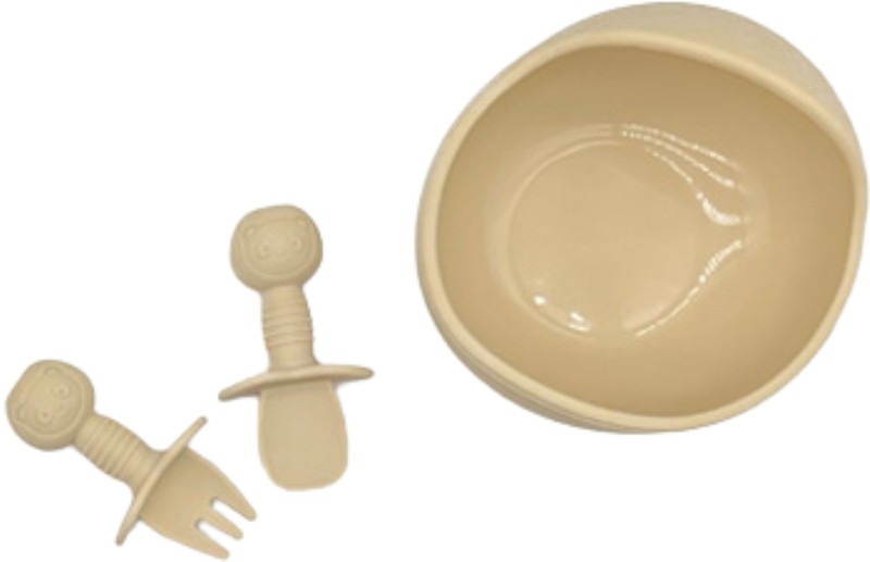 SEINT Suction Bowl-Spoon-Fork combo For Babies and Kids - SILICON(Beige)