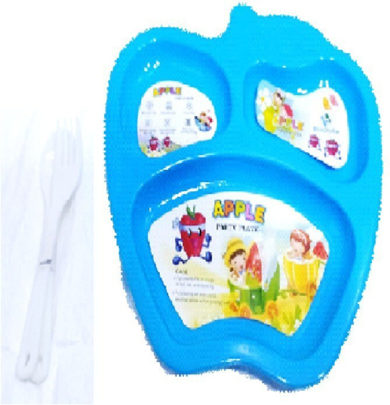 HANSHIKA ENTERPRISES 3PCS LIGHT BLUE apple Shaped Lunch/Dinner Plates With Spoon & Fork - PLASTIC(Light Blue)