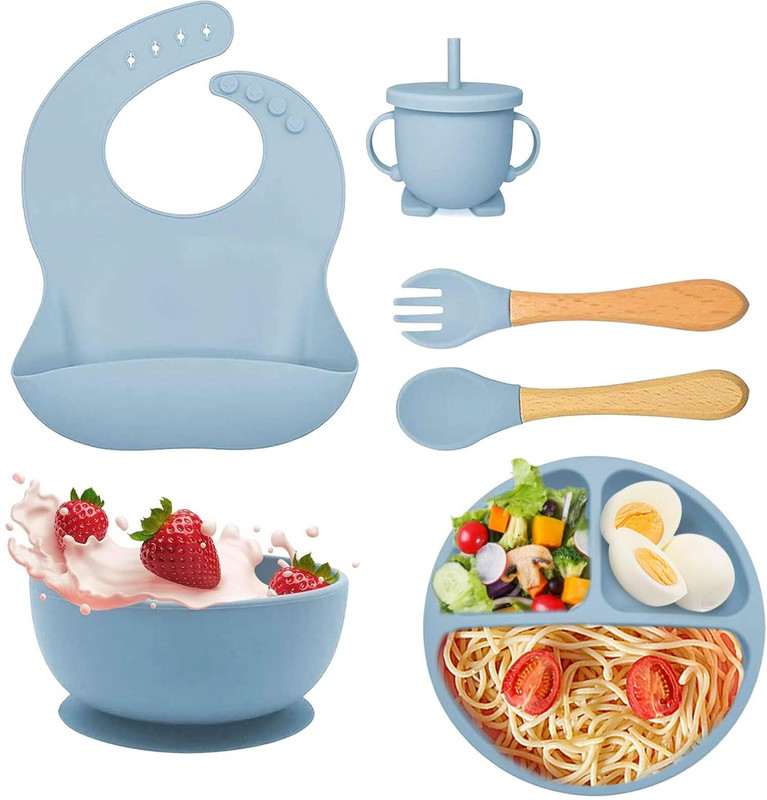 TRIVYOM Baby Feeding Set for Kids | Silicone 6 Pcs Tableware Kit | Toddler Essentials  - Silicone(Sky Blue)