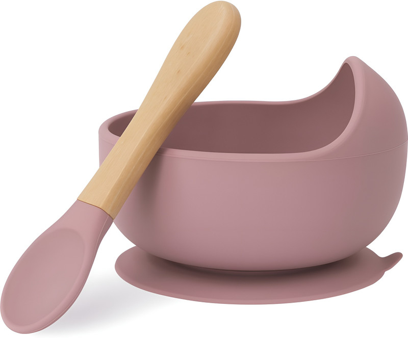 NOWFLY Silicone Baby Feeding Bowl with Wooden Spoon | BPA Free, Suction Base, 350 ml  - silicone(Pink)