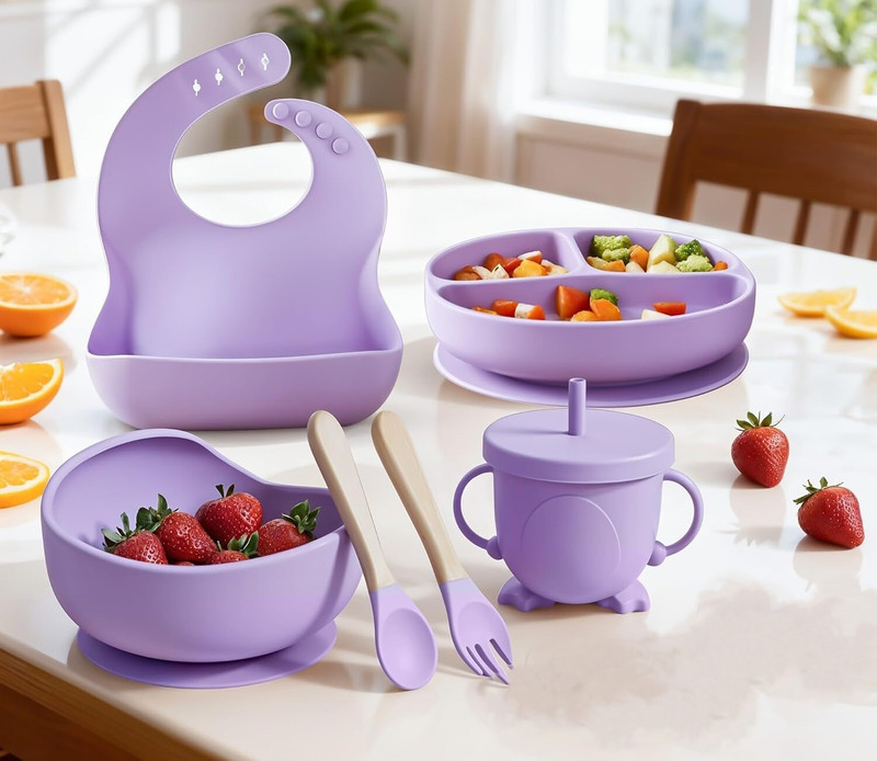 NIVKEZ Baby Feeding Set,6 Piece Food Grade for Toddler Kids Divided Suction Plate  - Silicone(Purple)