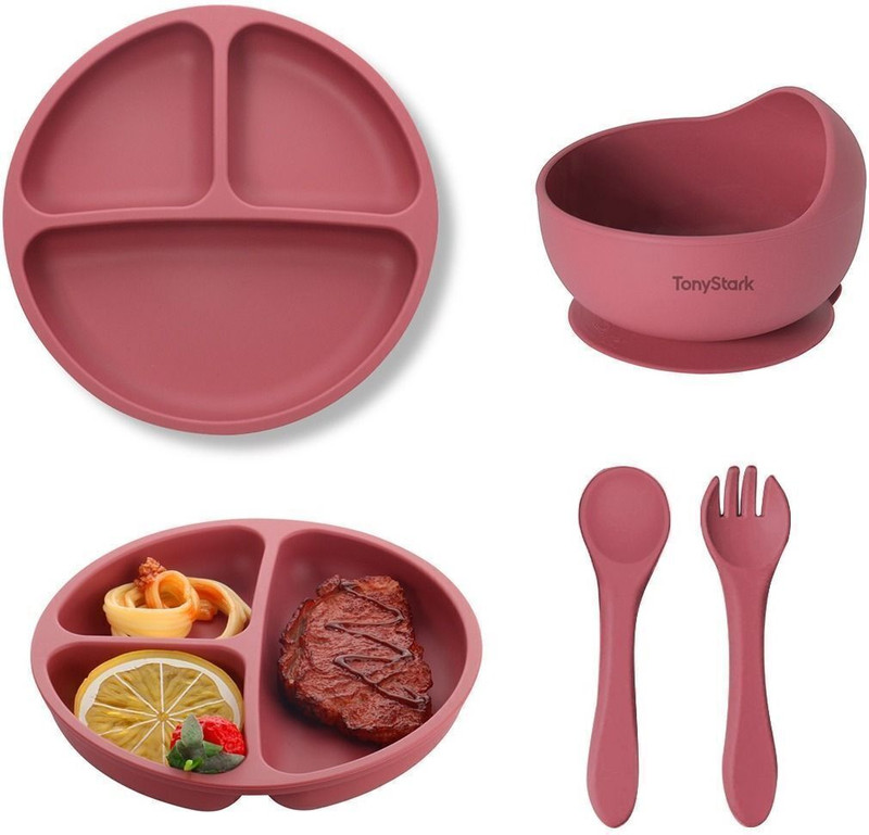 TONY STARK Baby Feeding Set for Kids,Toddler | Silicone 4 Pieces Tableware Kit  - Suction Plate, Feeding Bowl, Spoon & Fork, BPA Free -Silicone(Dusty Pink)