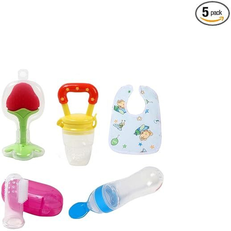 Royal krafts Combo of Fruit Pacifier, Feeding Spoon , Teether, Finger Brush and bib (Pink)  - Silicon(Multicolor)
