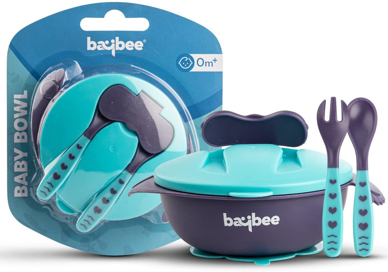 baybee Baby Feeding Bowl with Lid, Suction Cup, Spoon & Fork Cutlery Set, Tableware Kit  - BPA free Plastic and silicone(Blue)