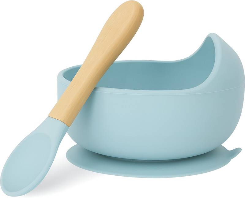NOWFLY Silicone Baby Feeding Bowl & Wooden Spoon | BPA Free, Suction Base  - silicone(SKY BLUE)